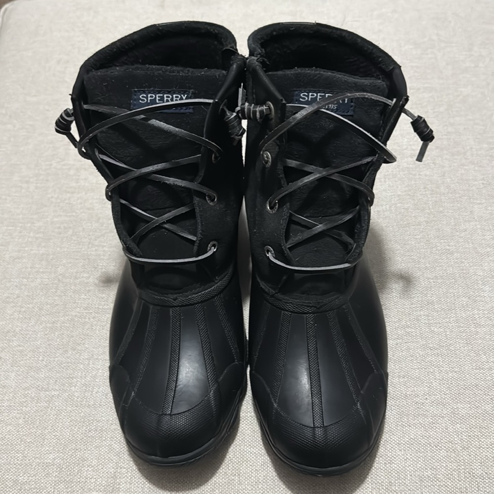 Sperry Duck Boots-Sz 8-All Black-Suede Uppers-Leather Laces-Side Zippers - Picture 2 of 16